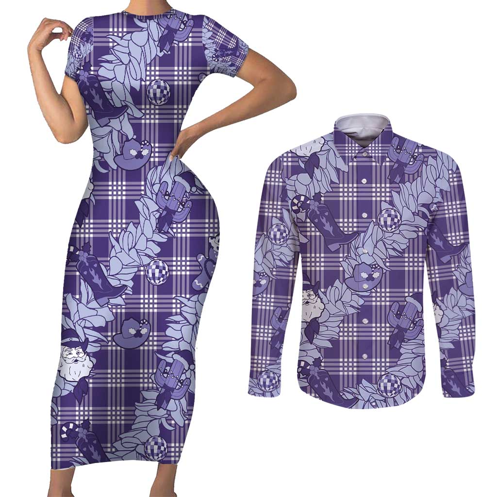 Purple Palaka Hawaii Cowboy Christmas Couples Matching Short Sleeve Bodycon Dress and Long Sleeve Button Shirt Paniolo Mix Maile Lei LT7 Purple - Polynesian Pride