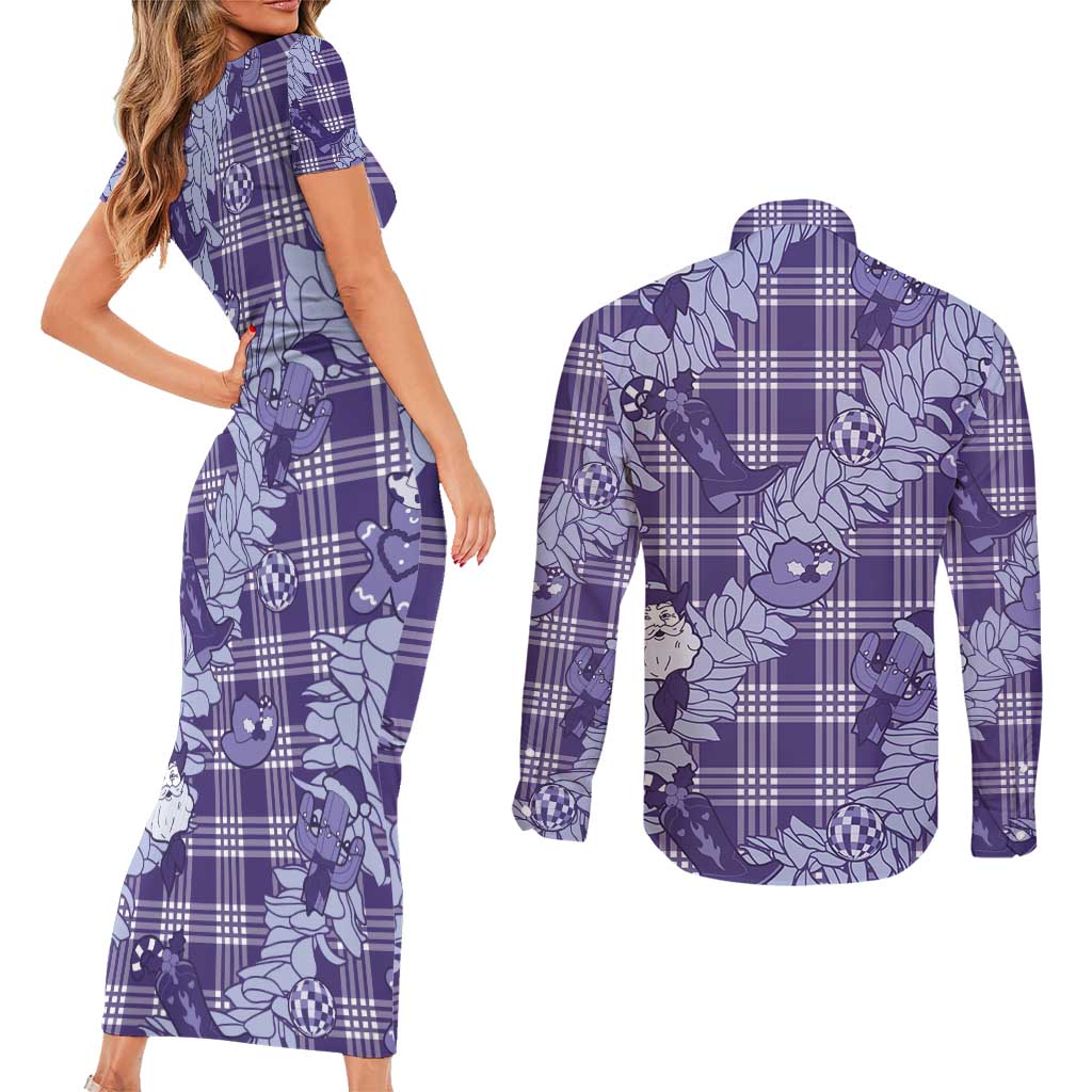 Purple Palaka Hawaii Cowboy Christmas Couples Matching Short Sleeve Bodycon Dress and Long Sleeve Button Shirt Paniolo Mix Maile Lei LT7 - Polynesian Pride