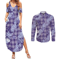 Purple Palaka Hawaii Cowboy Christmas Couples Matching Summer Maxi Dress and Long Sleeve Button Shirt Paniolo Mix Maile Lei LT7 Purple - Polynesian Pride