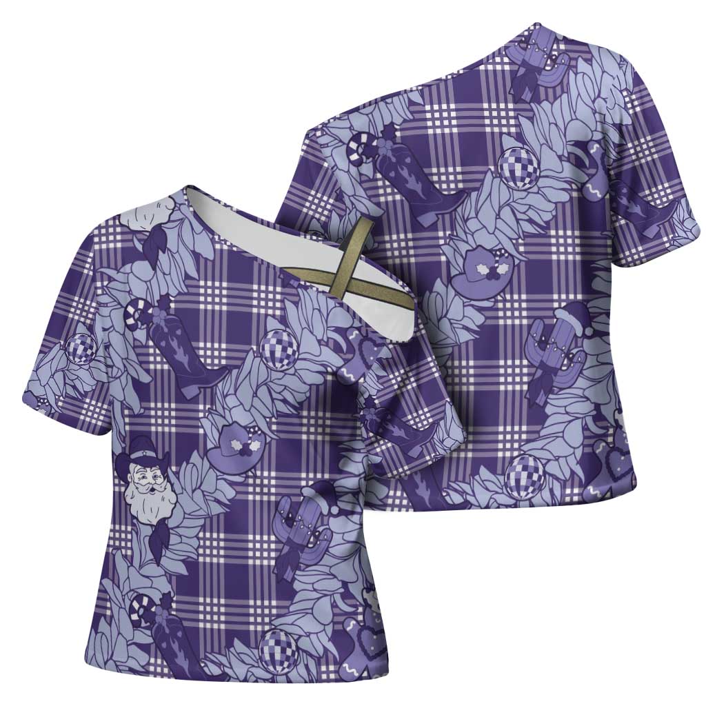 Purple Palaka Hawaii Cowboy Christmas Cross Shoulder Shirt Paniolo Mix Maile Lei LT7 - Polynesian Pride