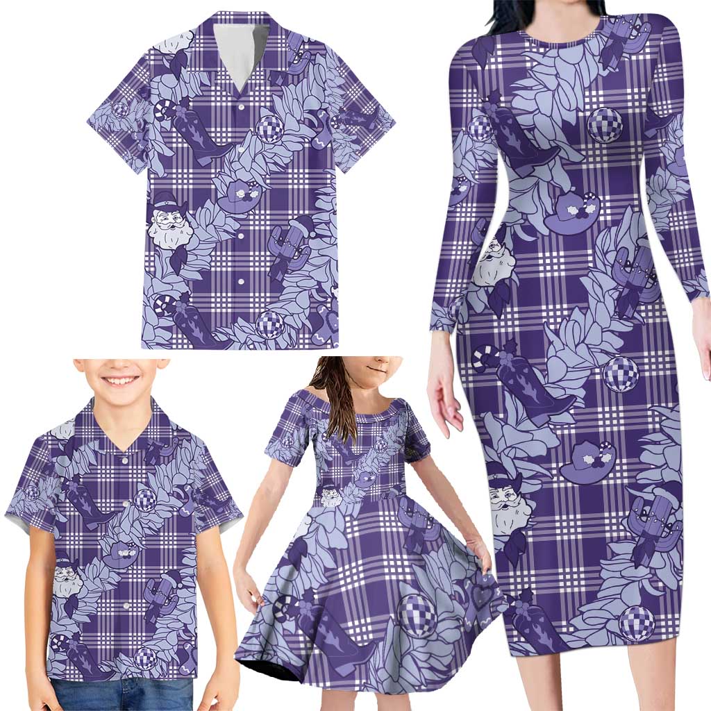Purple Palaka Hawaii Cowboy Christmas Family Matching Long Sleeve Bodycon Dress and Hawaiian Shirt Paniolo Mix Maile Lei LT7 - Polynesian Pride