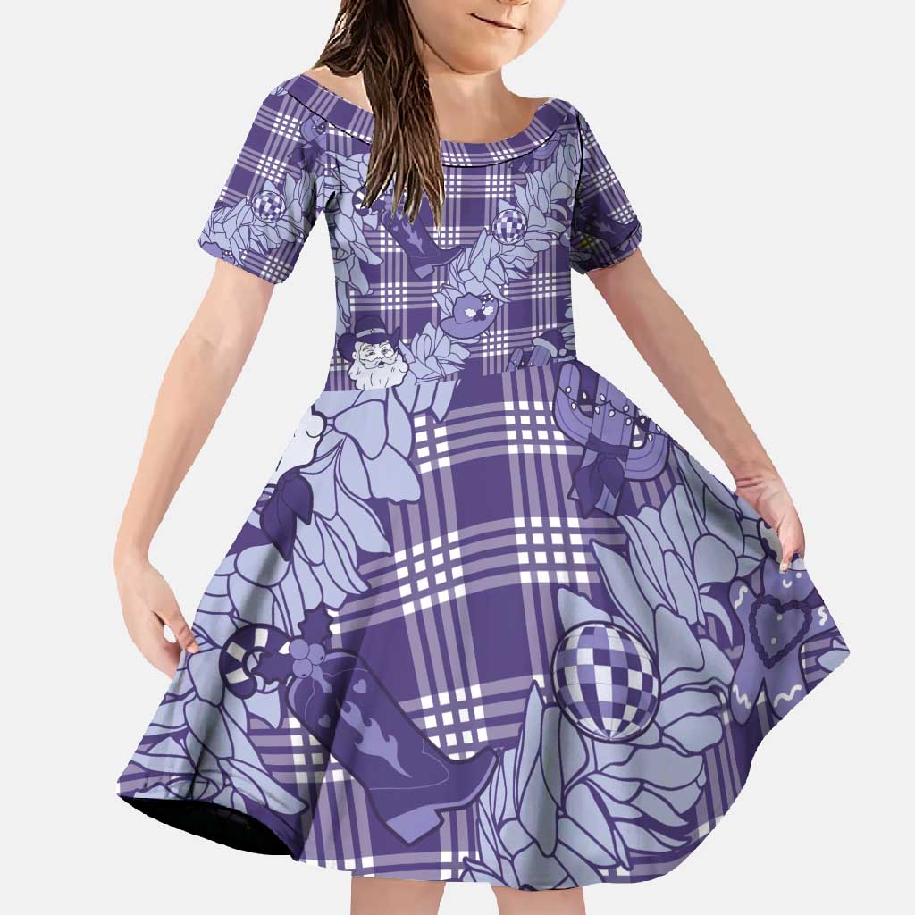 Purple Palaka Hawaii Cowboy Christmas Family Matching Off Shoulder Maxi Dress and Hawaiian Shirt Paniolo Mix Maile Lei LT7 Daughter's Dress Purple - Polynesian Pride