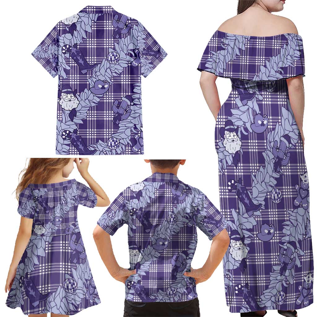 Purple Palaka Hawaii Cowboy Christmas Family Matching Off Shoulder Maxi Dress and Hawaiian Shirt Paniolo Mix Maile Lei LT7 - Polynesian Pride