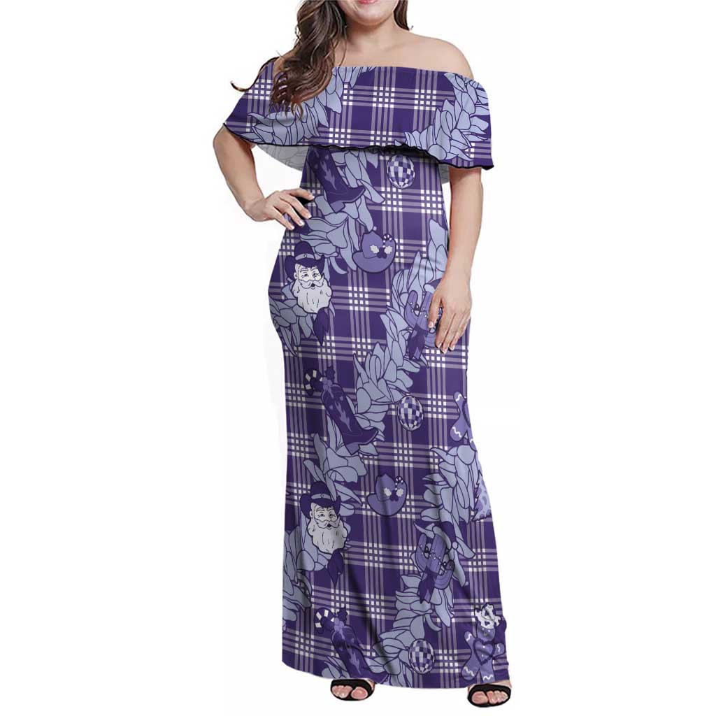 Purple Palaka Hawaii Cowboy Christmas Family Matching Off Shoulder Maxi Dress and Hawaiian Shirt Paniolo Mix Maile Lei LT7 Mom's Dress Purple - Polynesian Pride