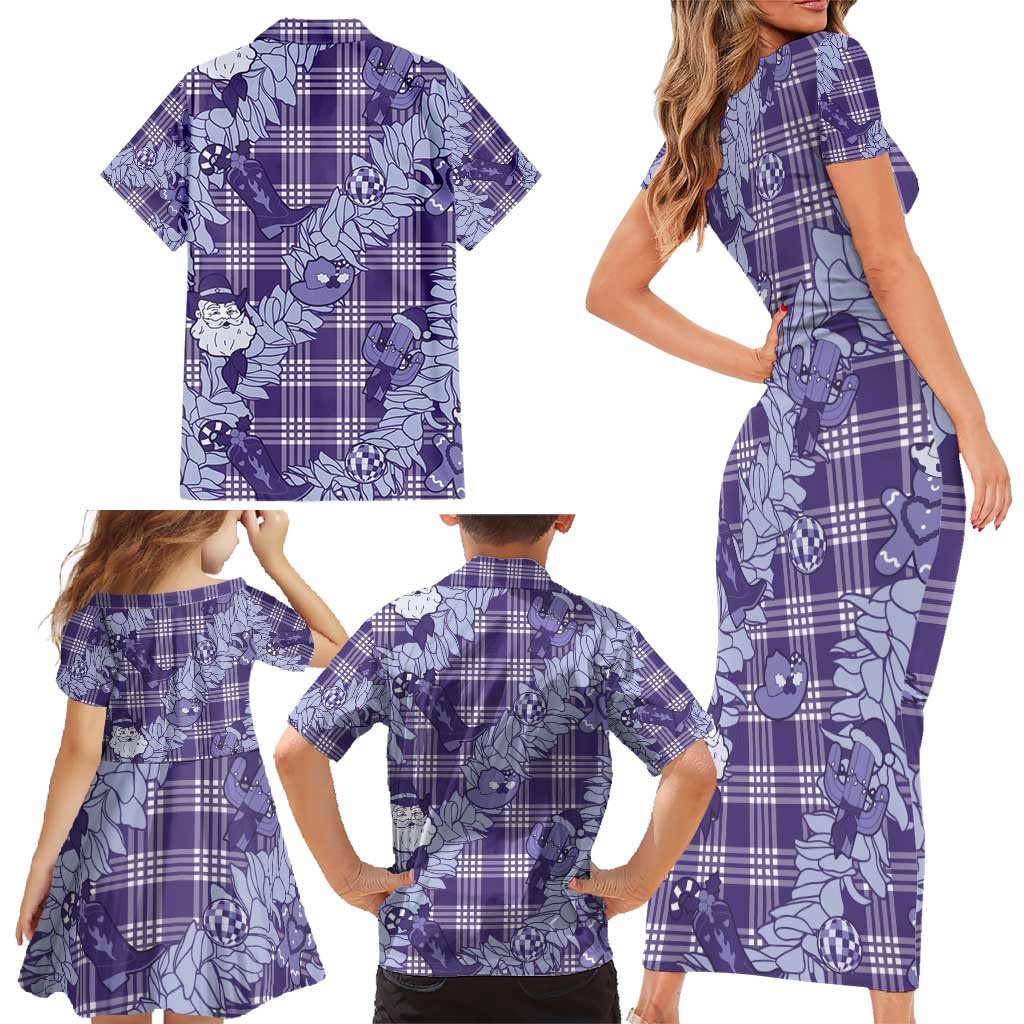 Purple Palaka Hawaii Cowboy Christmas Family Matching Short Sleeve Bodycon Dress and Hawaiian Shirt Paniolo Mix Maile Lei LT7 - Polynesian Pride