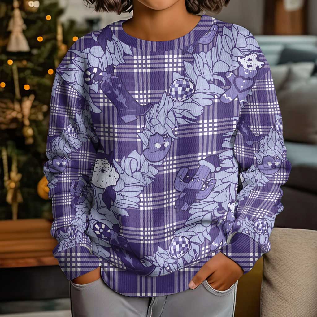 Purple Palaka Hawaii Cowboy Christmas Kid Ugly Christmas Sweater Paniolo Mix Maile Lei LT7 - Polynesian Pride