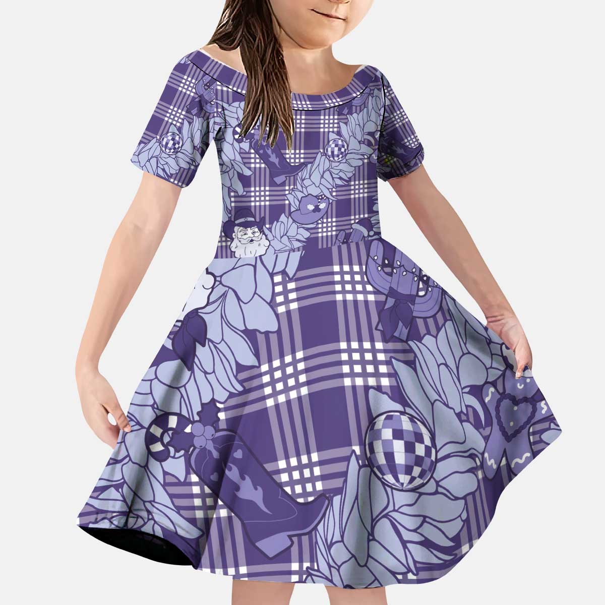 Purple Palaka Hawaii Cowboy Christmas Kid Short Sleeve Dress Paniolo Mix Maile Lei LT7 KID Purple - Polynesian Pride