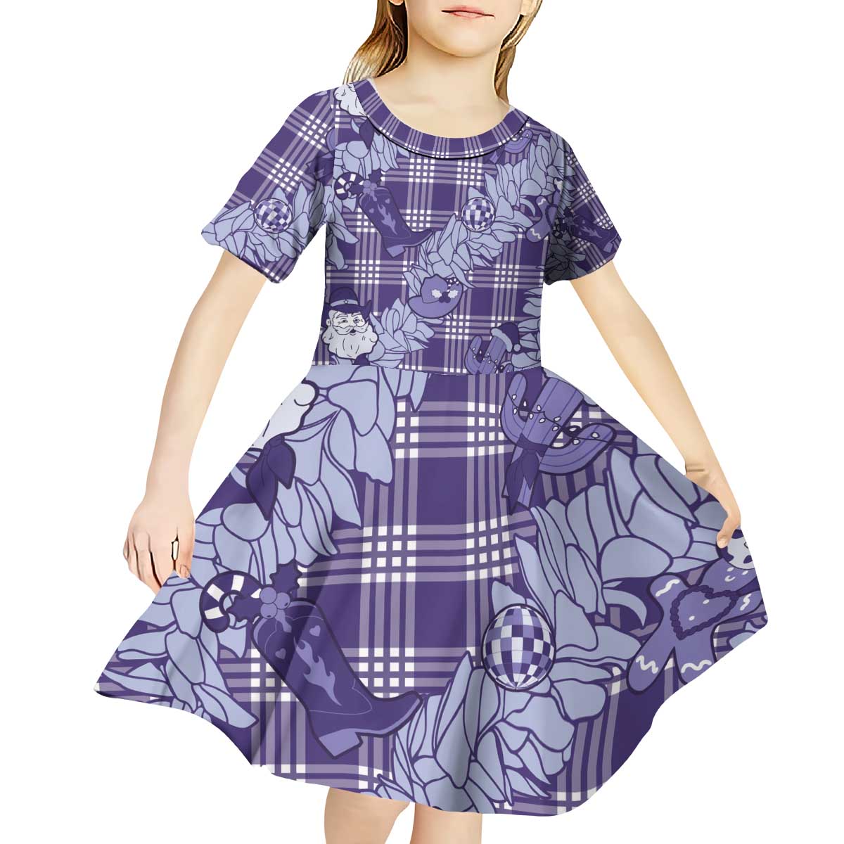 Purple Palaka Hawaii Cowboy Christmas Kid Short Sleeve Dress Paniolo Mix Maile Lei LT7 - Polynesian Pride