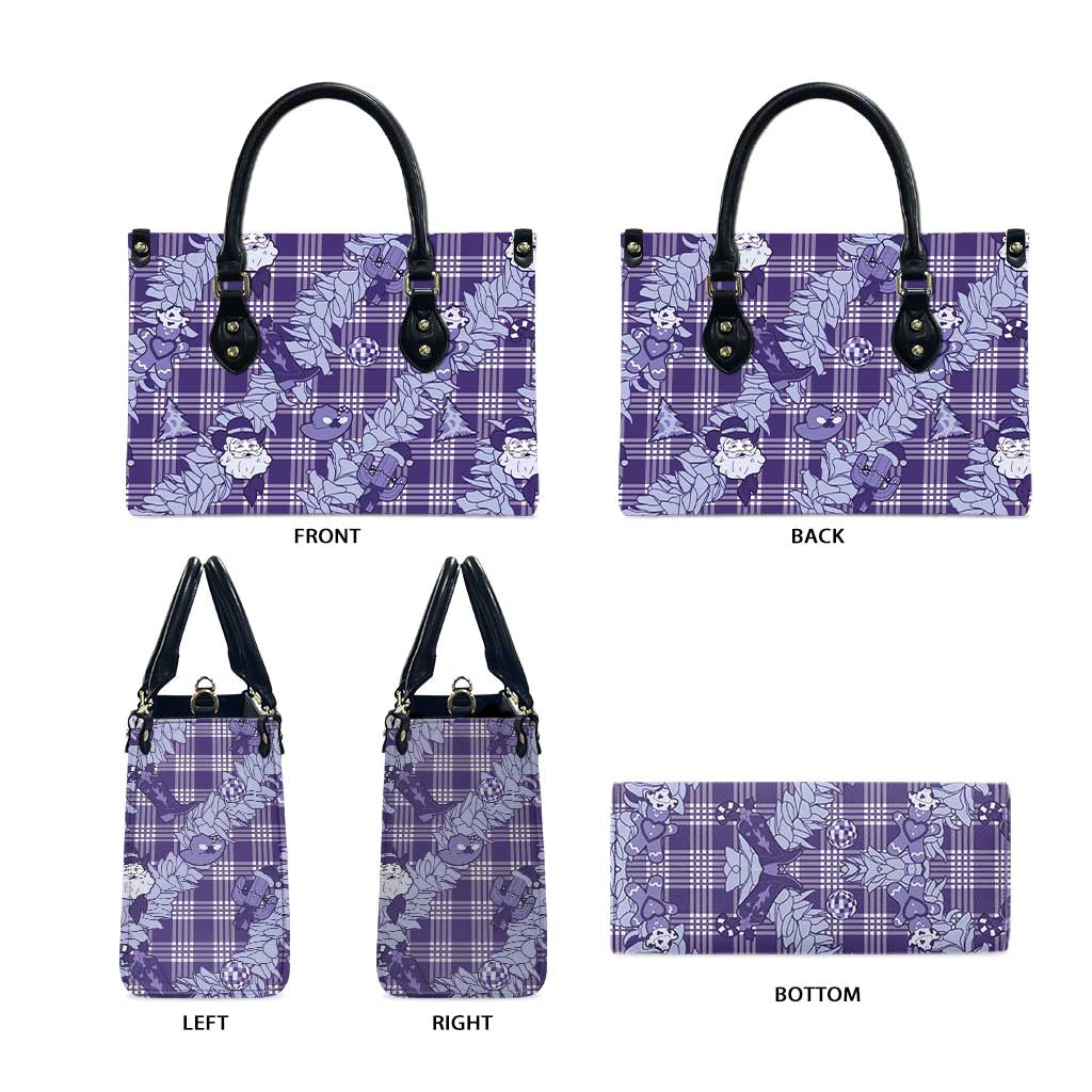 Purple Palaka Hawaii Cowboy Christmas Leather Bag Paniolo Mix Maile Lei - Polynesian Pride