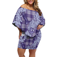 Purple Palaka Hawaii Cowboy Christmas Off Shoulder Short Dress Paniolo Mix Maile Lei LT7 Women Purple - Polynesian Pride