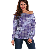 Purple Palaka Hawaii Cowboy Christmas Off Shoulder Sweater Paniolo Mix Maile Lei LT7 Women Purple - Polynesian Pride