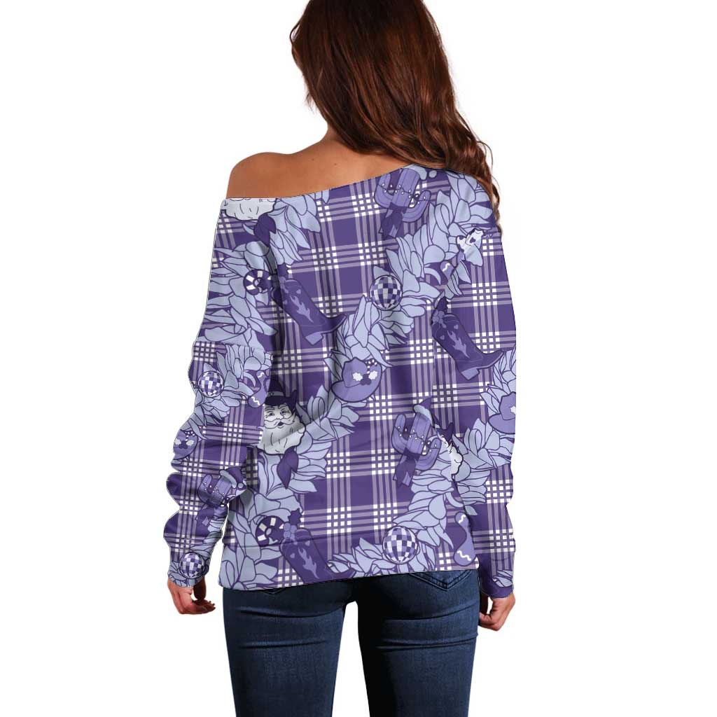 Purple Palaka Hawaii Cowboy Christmas Off Shoulder Sweater Paniolo Mix Maile Lei LT7 - Polynesian Pride