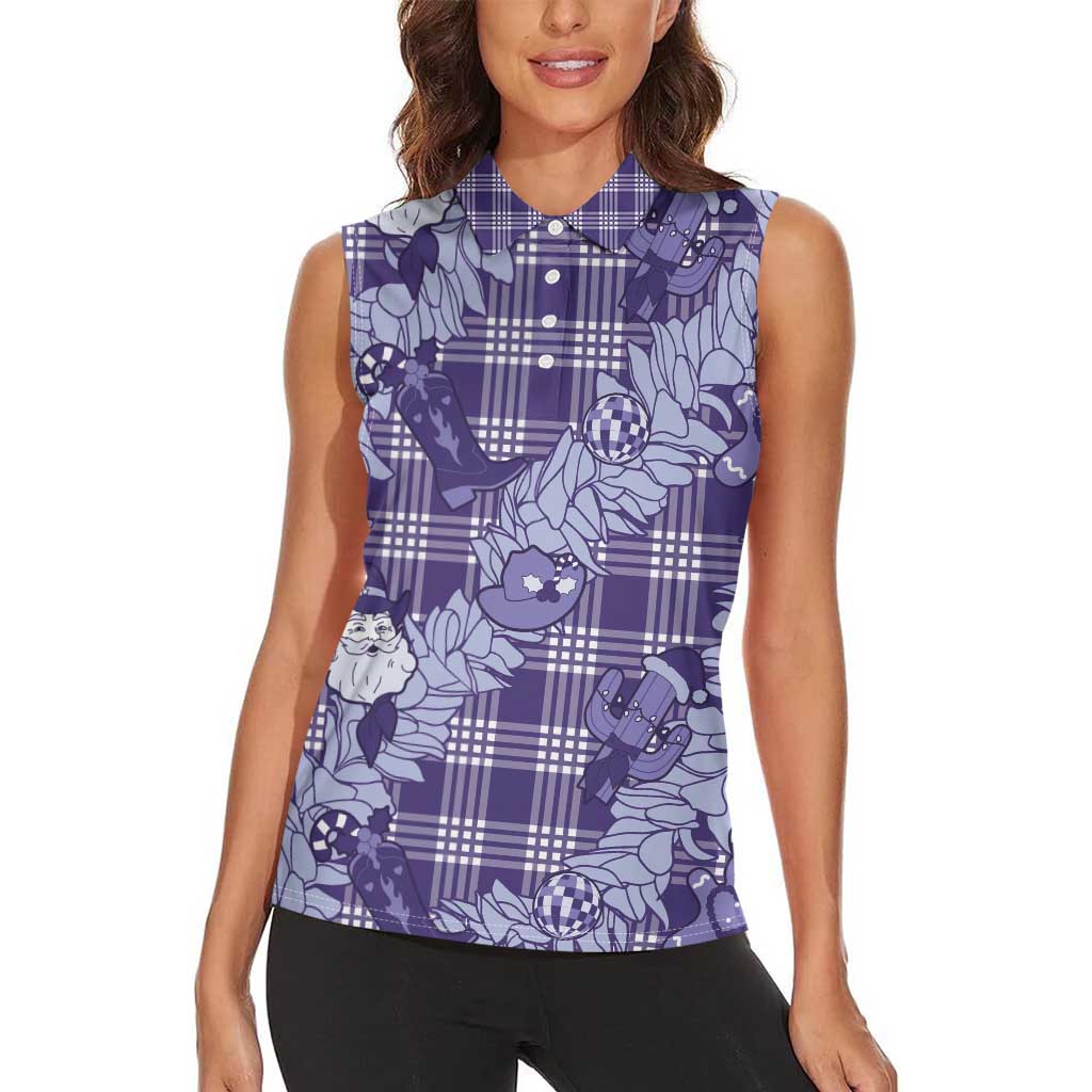Purple Palaka Hawaii Cowboy Christmas Women Sleeveless Polo Shirt Paniolo Mix Maile Lei LT7 - Polynesian Pride