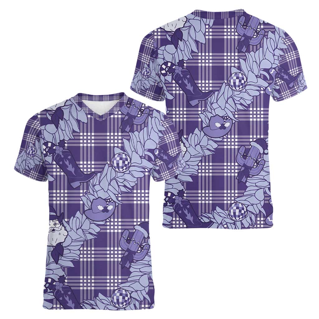 Purple Palaka Hawaii Cowboy Christmas Women V-Neck T-Shirt Paniolo Mix Maile Lei LT7 - Polynesian Pride
