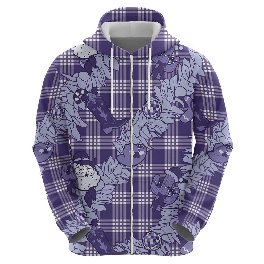 Purple Palaka Hawaii Cowboy Christmas Zip Hoodie Paniolo Mix Maile Lei LT7 - Polynesian Pride