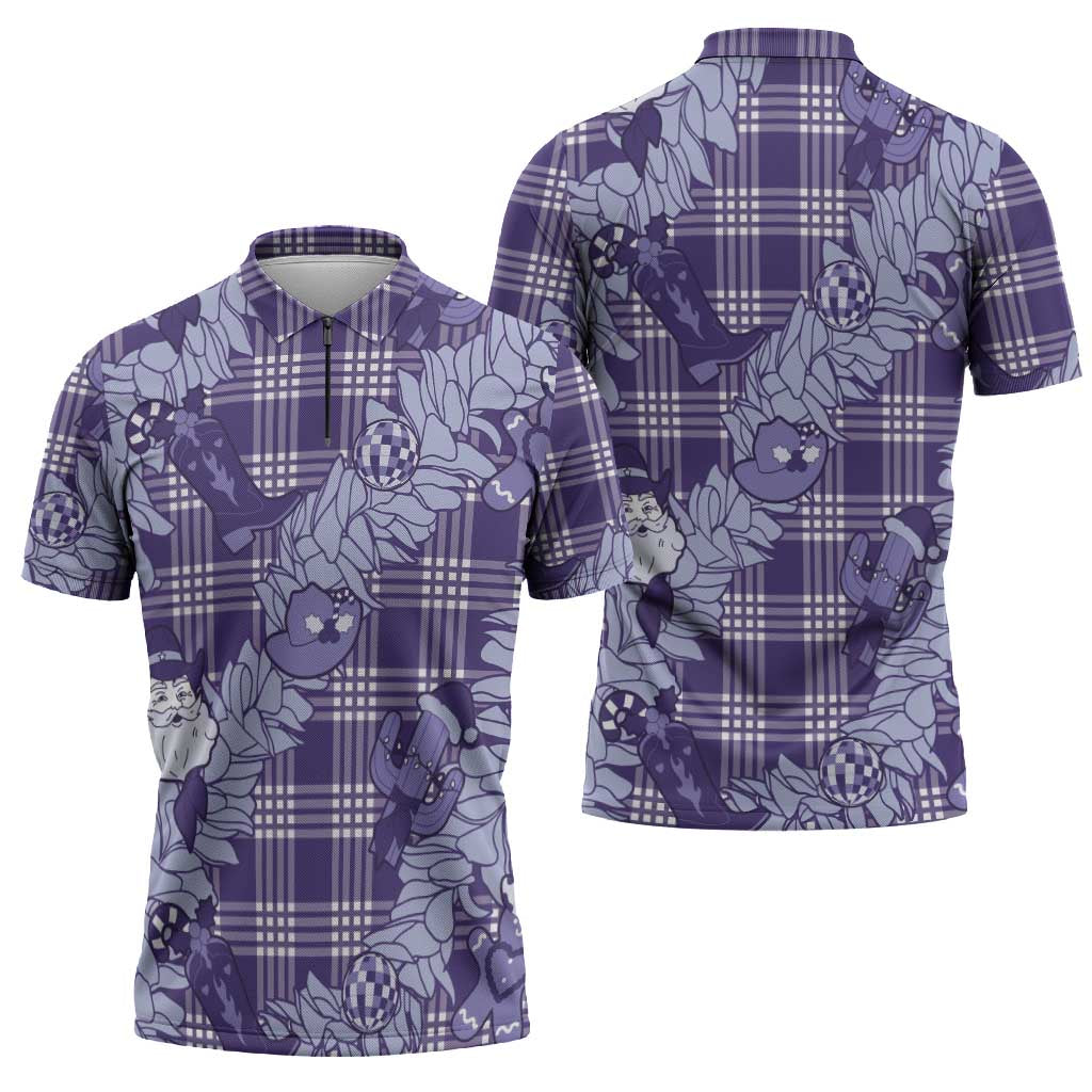 Purple Palaka Hawaii Cowboy Christmas Zipper Polo Shirt Paniolo Mix Maile Lei LT7 - Polynesian Pride