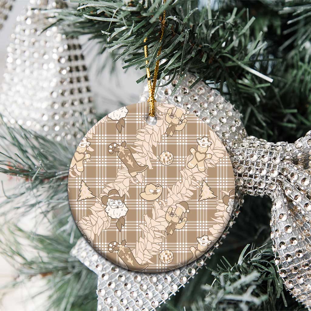 Khaki Palaka Hawaii Cowboy Christmas Ceramic Ornament Paniolo Mix Maile Lei - Polynesian Pride