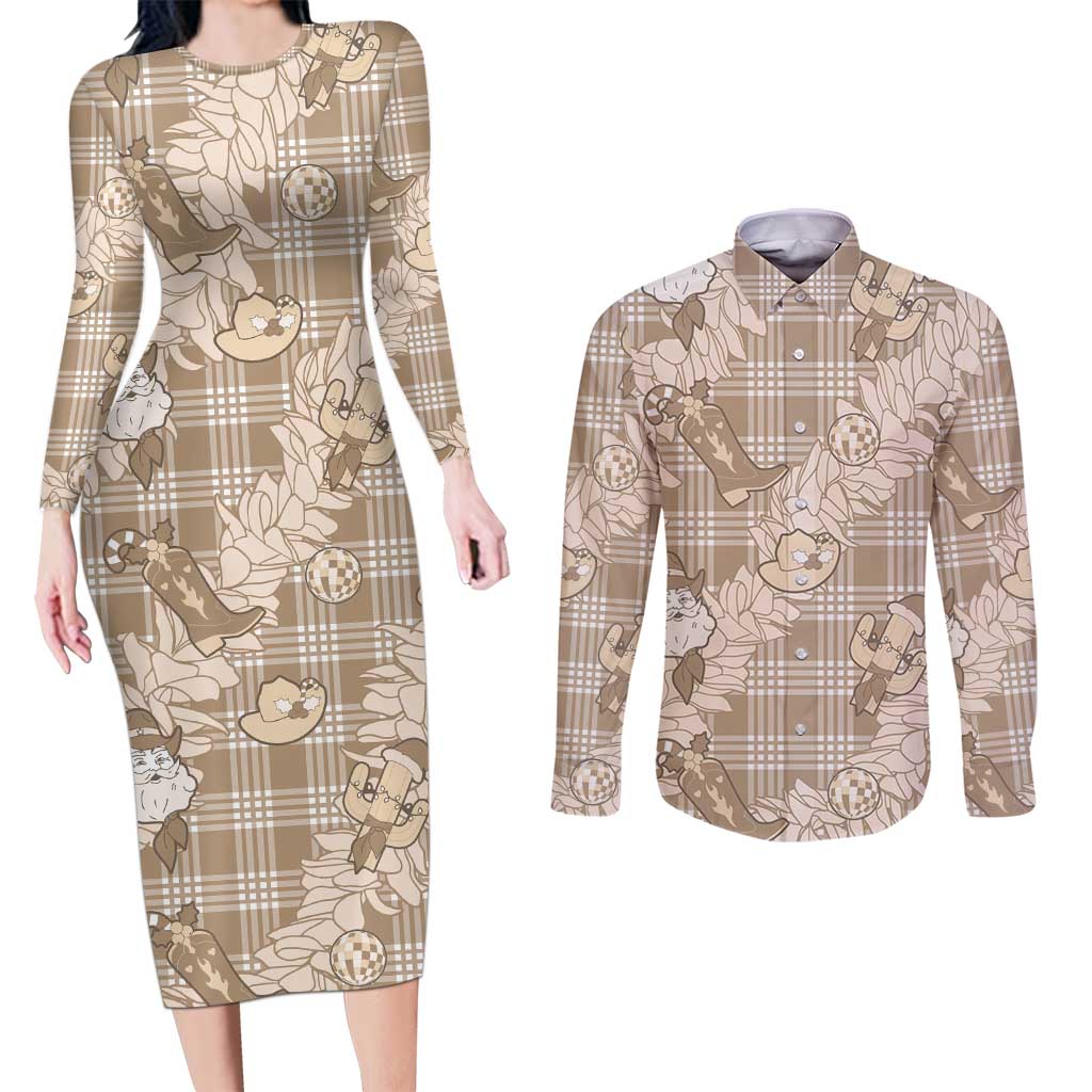 Khaki Palaka Hawaii Cowboy Christmas Couples Matching Long Sleeve Bodycon Dress and Long Sleeve Button Shirt Paniolo Mix Maile Lei LT7 Beige - Polynesian Pride