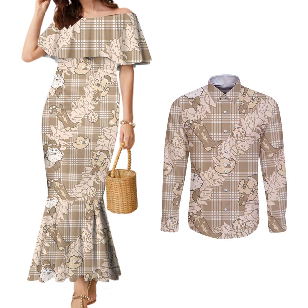 Khaki Palaka Hawaii Cowboy Christmas Couples Matching Mermaid Dress and Long Sleeve Button Shirt Paniolo Mix Maile Lei - Polynesian Pride
