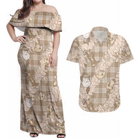 Khaki Palaka Hawaii Cowboy Christmas Couples Matching Off Shoulder Maxi Dress and Hawaiian Shirt Paniolo Mix Maile Lei LT7 Beige - Polynesian Pride