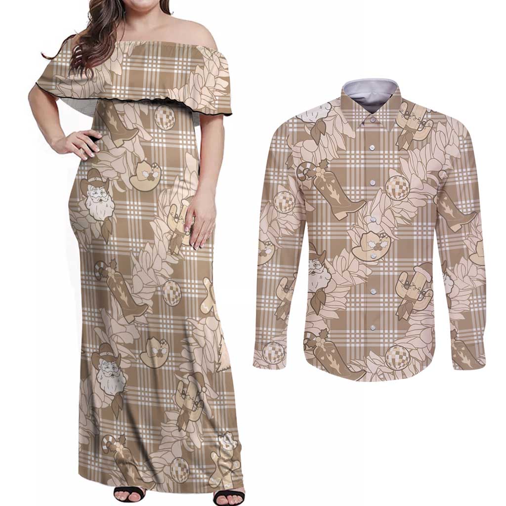 Khaki Palaka Hawaii Cowboy Christmas Couples Matching Off Shoulder Maxi Dress and Long Sleeve Button Shirt Paniolo Mix Maile Lei LT7 Beige - Polynesian Pride