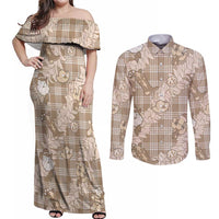 Khaki Palaka Hawaii Cowboy Christmas Couples Matching Off Shoulder Maxi Dress and Long Sleeve Button Shirt Paniolo Mix Maile Lei LT7 Beige - Polynesian Pride