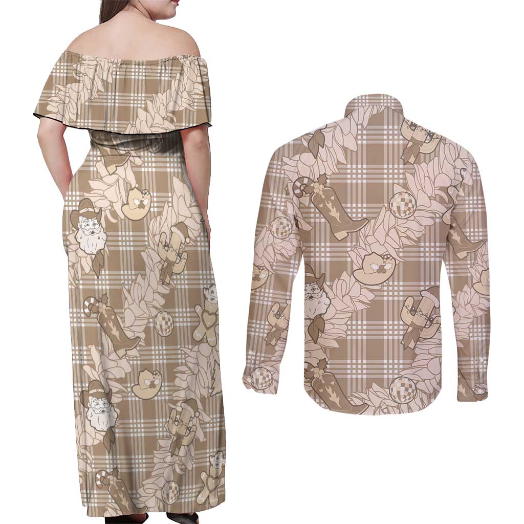 Khaki Palaka Hawaii Cowboy Christmas Couples Matching Off Shoulder Maxi Dress and Long Sleeve Button Shirt Paniolo Mix Maile Lei LT7 - Polynesian Pride