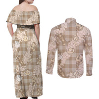 Khaki Palaka Hawaii Cowboy Christmas Couples Matching Off Shoulder Maxi Dress and Long Sleeve Button Shirt Paniolo Mix Maile Lei LT7 - Polynesian Pride