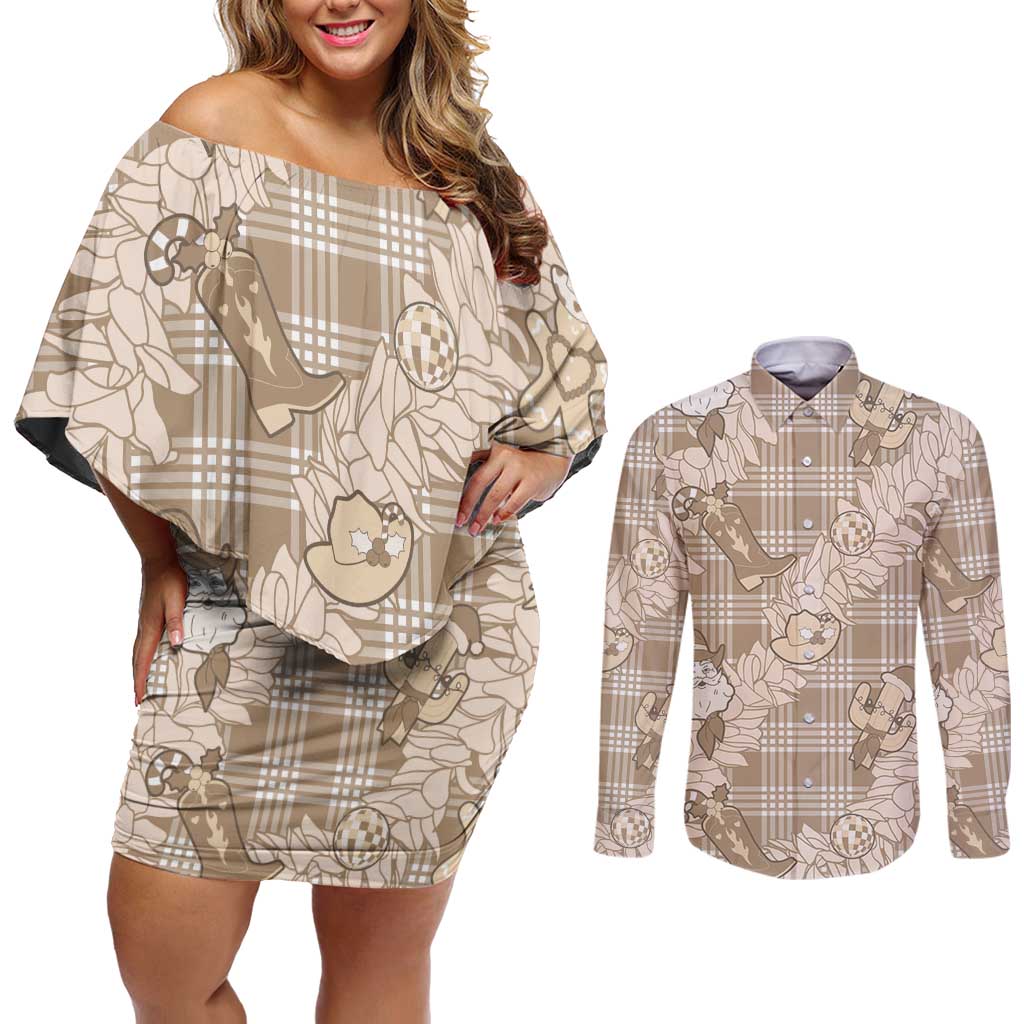Khaki Palaka Hawaii Cowboy Christmas Couples Matching Off Shoulder Short Dress and Long Sleeve Button Shirt Paniolo Mix Maile Lei LT7 Beige - Polynesian Pride