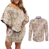 Khaki Palaka Hawaii Cowboy Christmas Couples Matching Off Shoulder Short Dress and Long Sleeve Button Shirt Paniolo Mix Maile Lei LT7 Beige - Polynesian Pride