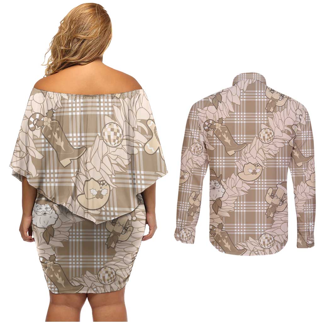 Khaki Palaka Hawaii Cowboy Christmas Couples Matching Off Shoulder Short Dress and Long Sleeve Button Shirt Paniolo Mix Maile Lei LT7 - Polynesian Pride