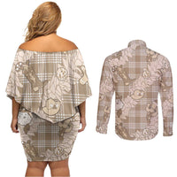 Khaki Palaka Hawaii Cowboy Christmas Couples Matching Off Shoulder Short Dress and Long Sleeve Button Shirt Paniolo Mix Maile Lei LT7 - Polynesian Pride