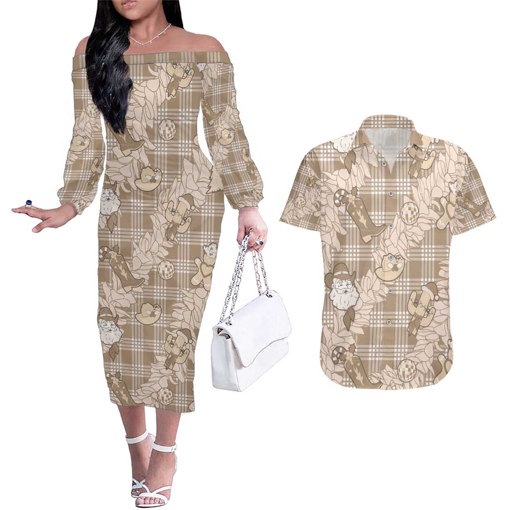 Khaki Palaka Hawaii Cowboy Christmas Couples Matching Off The Shoulder Long Sleeve Dress and Hawaiian Shirt Paniolo Mix Maile Lei - Polynesian Pride