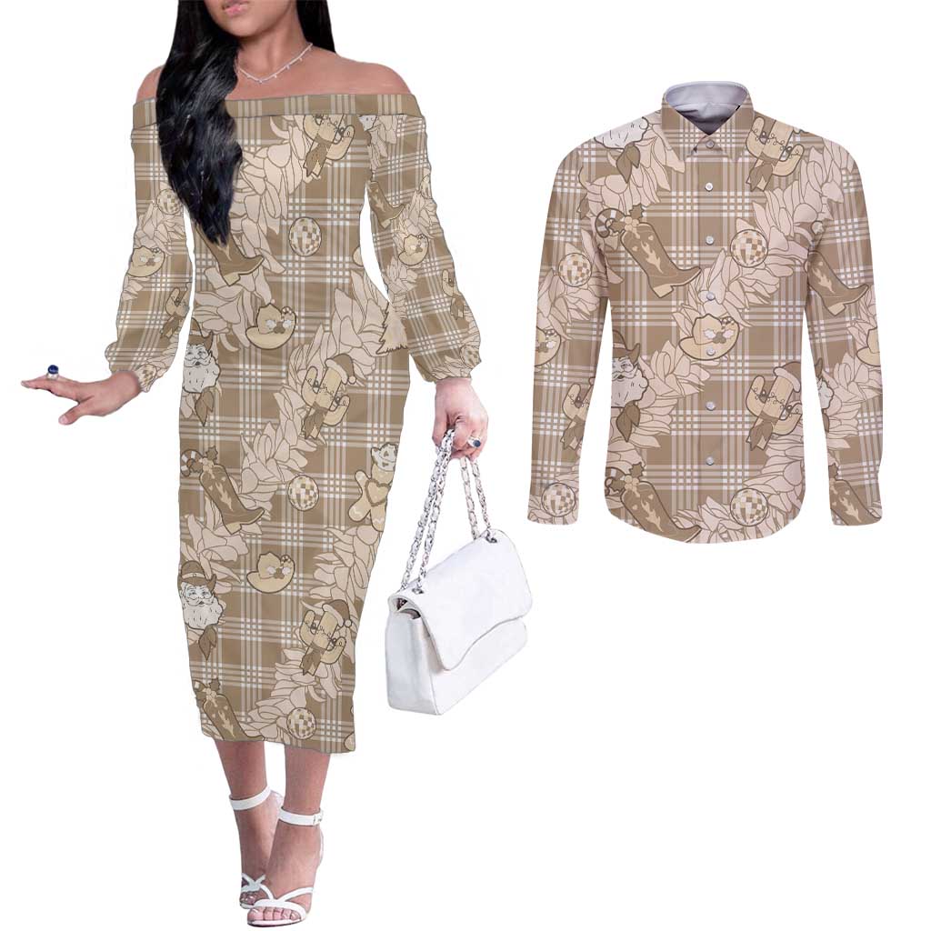 Khaki Palaka Hawaii Cowboy Christmas Couples Matching Off The Shoulder Long Sleeve Dress and Long Sleeve Button Shirt Paniolo Mix Maile Lei LT7 Beige - Polynesian Pride