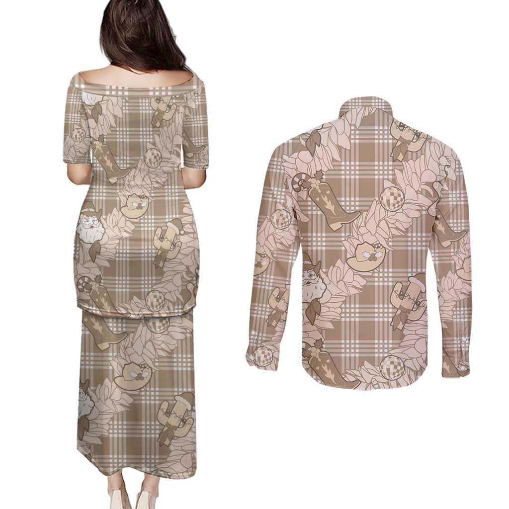 Khaki Palaka Hawaii Cowboy Christmas Couples Matching Puletasi and Long Sleeve Button Shirt Paniolo Mix Maile Lei LT7 - Polynesian Pride