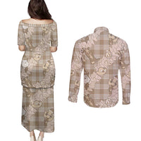 Khaki Palaka Hawaii Cowboy Christmas Couples Matching Puletasi and Long Sleeve Button Shirt Paniolo Mix Maile Lei LT7 - Polynesian Pride