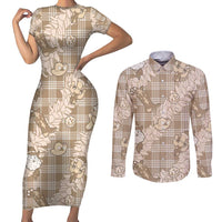 Khaki Palaka Hawaii Cowboy Christmas Couples Matching Short Sleeve Bodycon Dress and Long Sleeve Button Shirt Paniolo Mix Maile Lei LT7 Beige - Polynesian Pride