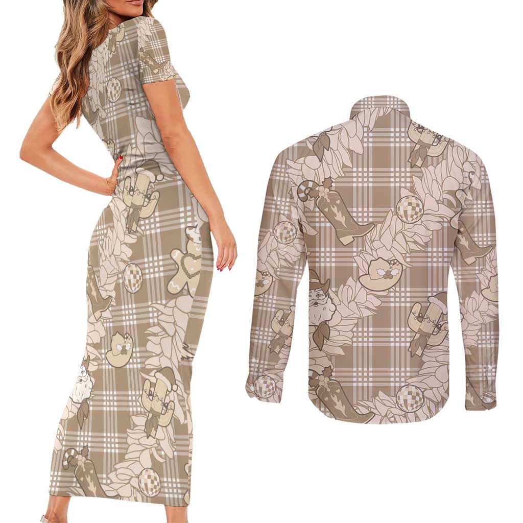 Khaki Palaka Hawaii Cowboy Christmas Couples Matching Short Sleeve Bodycon Dress and Long Sleeve Button Shirt Paniolo Mix Maile Lei LT7 - Polynesian Pride