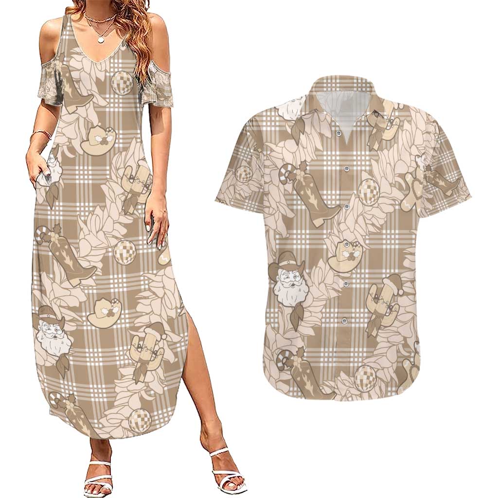 Khaki Palaka Hawaii Cowboy Christmas Couples Matching Summer Maxi Dress and Hawaiian Shirt Paniolo Mix Maile Lei - Polynesian Pride