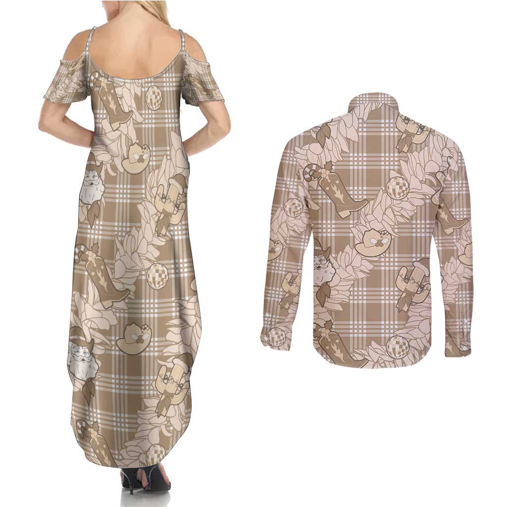 Khaki Palaka Hawaii Cowboy Christmas Couples Matching Summer Maxi Dress and Long Sleeve Button Shirt Paniolo Mix Maile Lei LT7 - Polynesian Pride