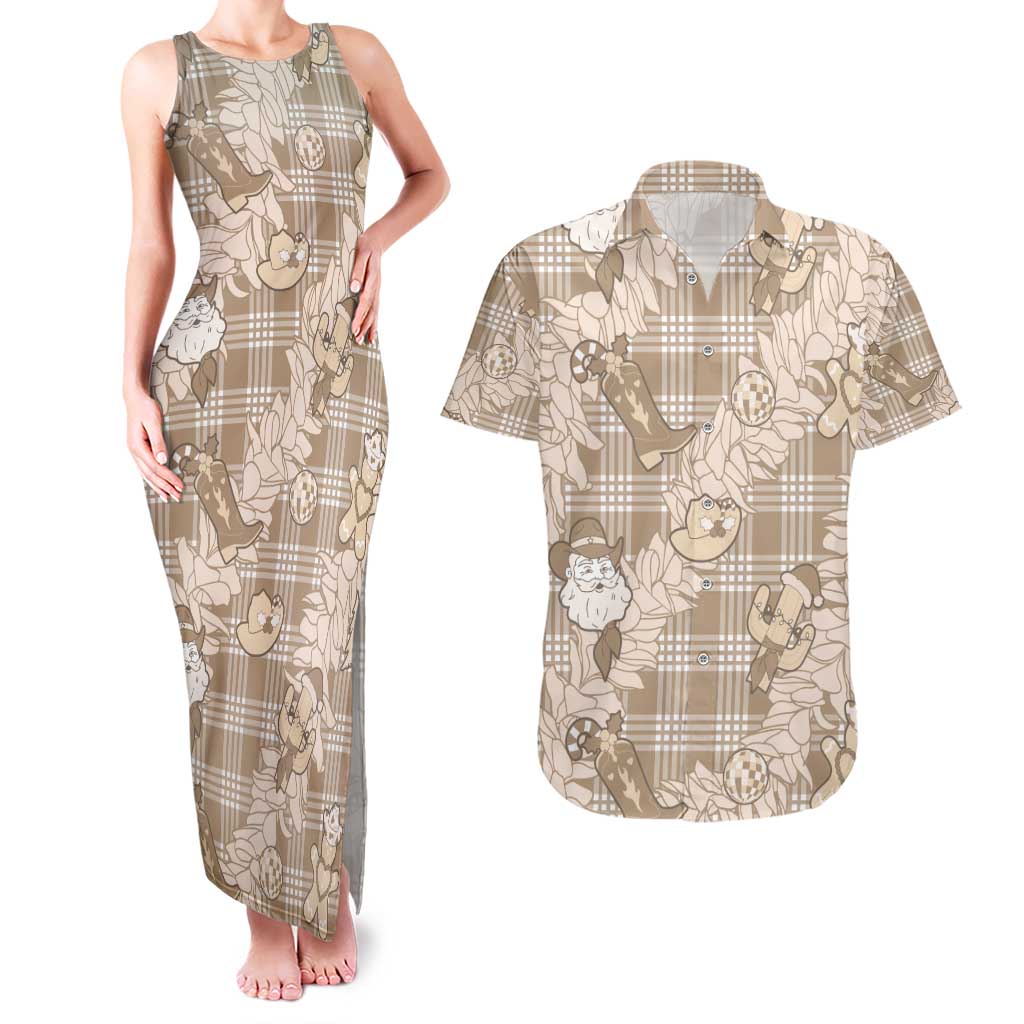 Khaki Palaka Hawaii Cowboy Christmas Couples Matching Tank Maxi Dress and Hawaiian Shirt Paniolo Mix Maile Lei - Polynesian Pride