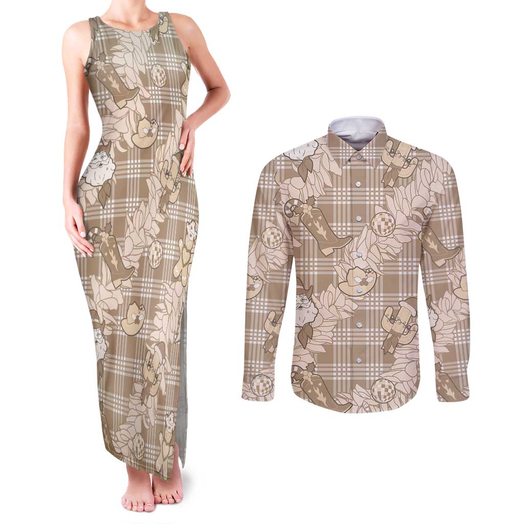 Khaki Palaka Hawaii Cowboy Christmas Couples Matching Tank Maxi Dress and Long Sleeve Button Shirt Paniolo Mix Maile Lei LT7 Beige - Polynesian Pride