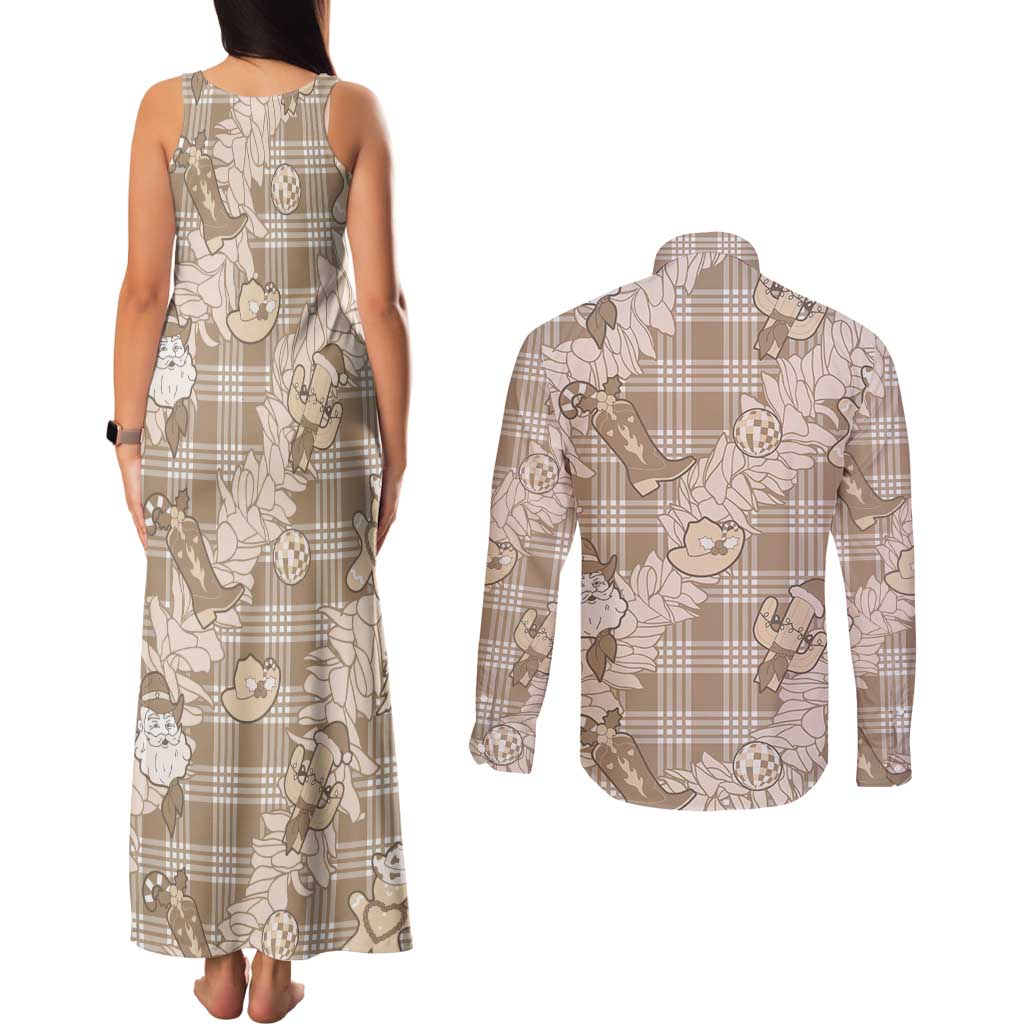 Khaki Palaka Hawaii Cowboy Christmas Couples Matching Tank Maxi Dress and Long Sleeve Button Shirt Paniolo Mix Maile Lei LT7 - Polynesian Pride