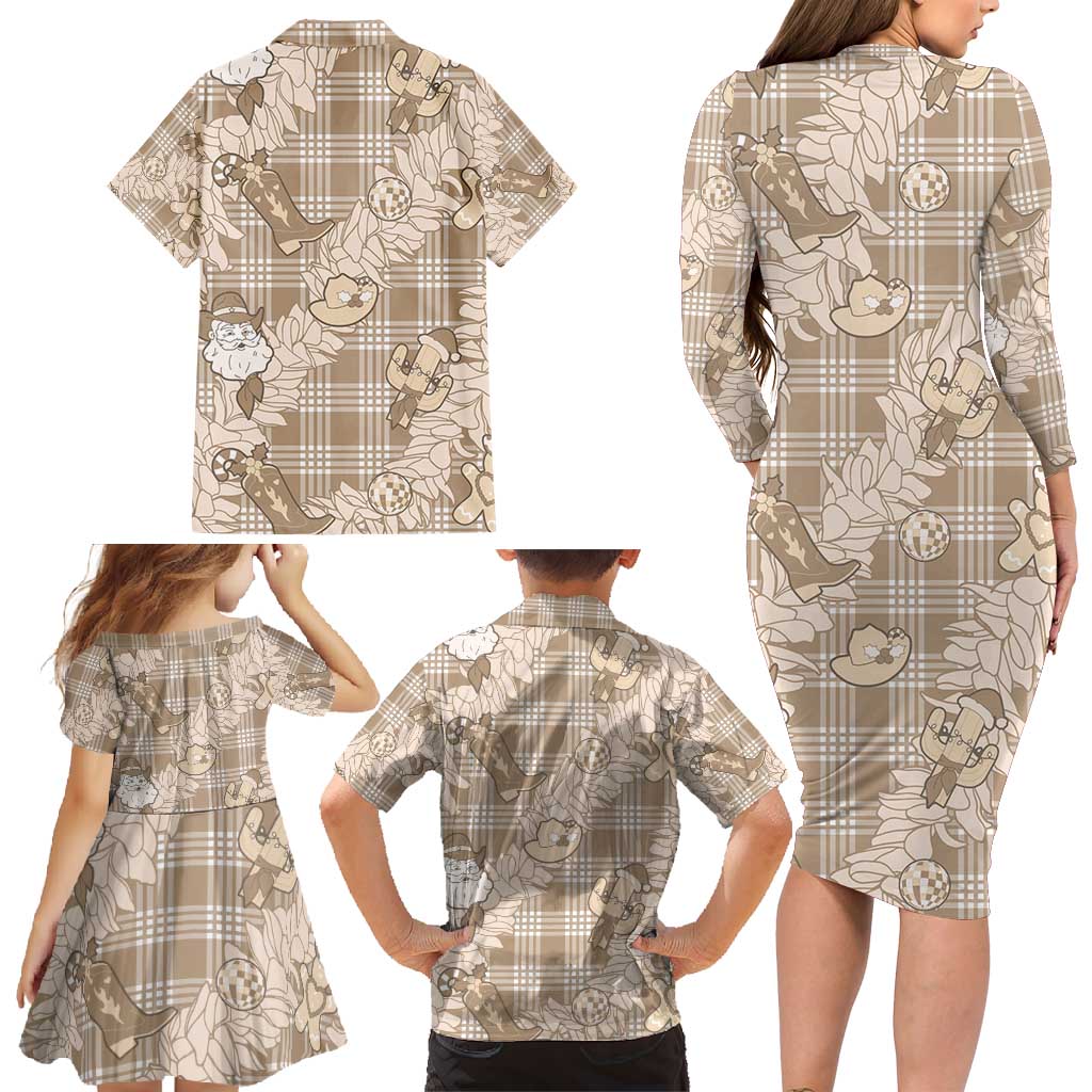 Khaki Palaka Hawaii Cowboy Christmas Family Matching Long Sleeve Bodycon Dress and Hawaiian Shirt Paniolo Mix Maile Lei LT7 - Polynesian Pride