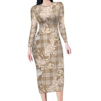 Khaki Palaka Hawaii Cowboy Christmas Family Matching Long Sleeve Bodycon Dress and Hawaiian Shirt Paniolo Mix Maile Lei LT7 Mom's Dress Beige - Polynesian Pride