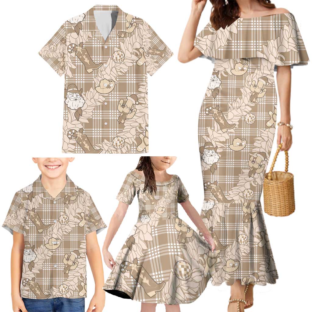 Khaki Palaka Hawaii Cowboy Christmas Family Matching Mermaid Dress and Hawaiian Shirt Paniolo Mix Maile Lei - Polynesian Pride