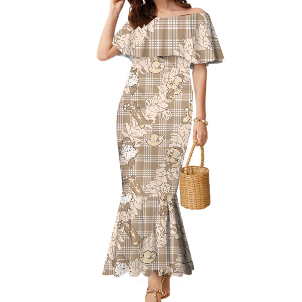 Khaki Palaka Hawaii Cowboy Christmas Family Matching Mermaid Dress and Hawaiian Shirt Paniolo Mix Maile Lei LT7 Mom's Dress Beige - Polynesian Pride