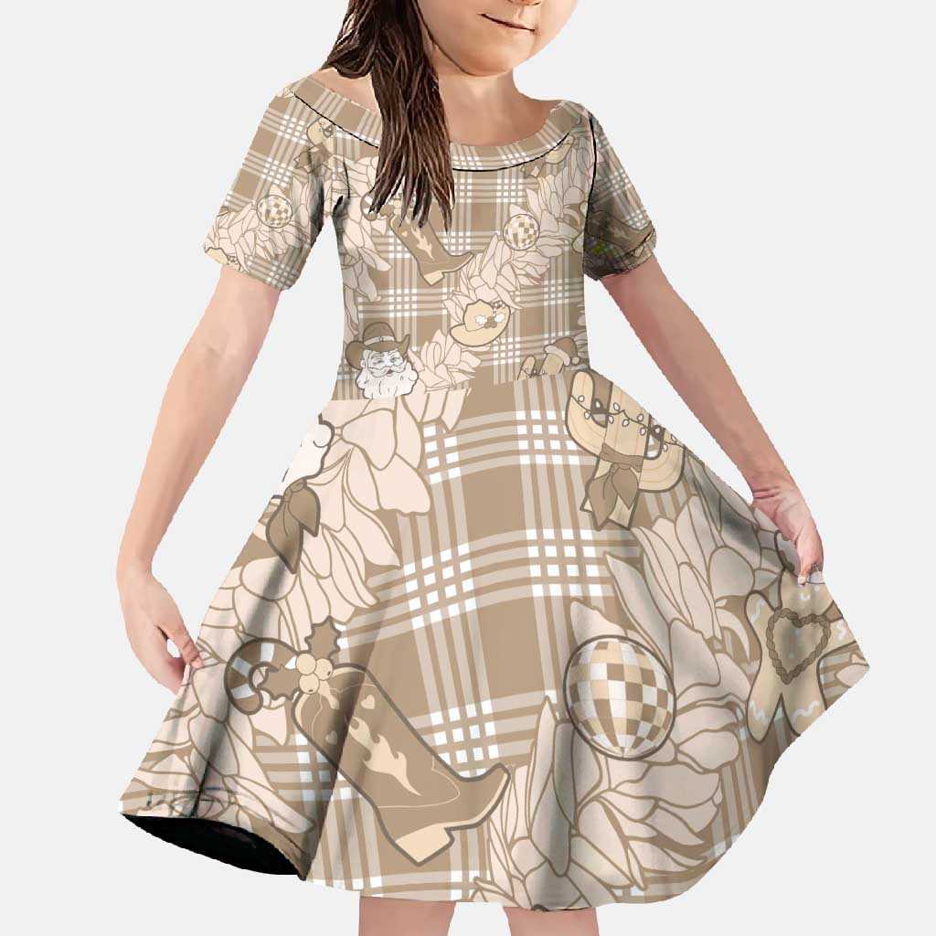 Khaki Palaka Hawaii Cowboy Christmas Family Matching Off Shoulder Maxi Dress and Hawaiian Shirt Paniolo Mix Maile Lei LT7 Daughter's Dress Beige - Polynesian Pride