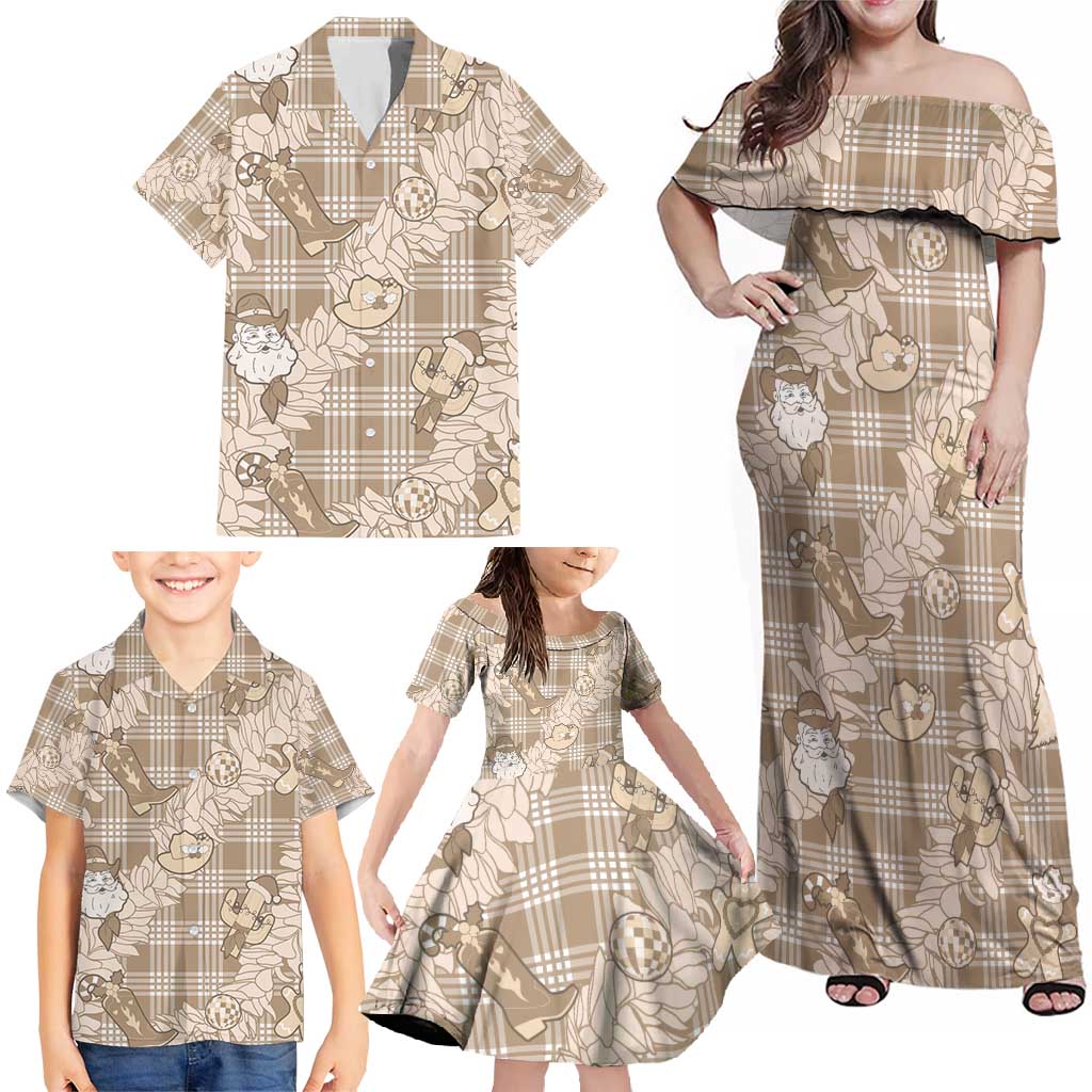 Khaki Palaka Hawaii Cowboy Christmas Family Matching Off Shoulder Maxi Dress and Hawaiian Shirt Paniolo Mix Maile Lei LT7 - Polynesian Pride