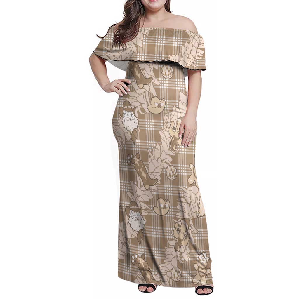 Khaki Palaka Hawaii Cowboy Christmas Family Matching Off Shoulder Maxi Dress and Hawaiian Shirt Paniolo Mix Maile Lei LT7 Mom's Dress Beige - Polynesian Pride